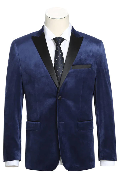 Navy Prom Tuxedo Suit -Navy Wedding Suit - Mens Two Button Peak Lapel Velvet Prom Tuxedo Blazer