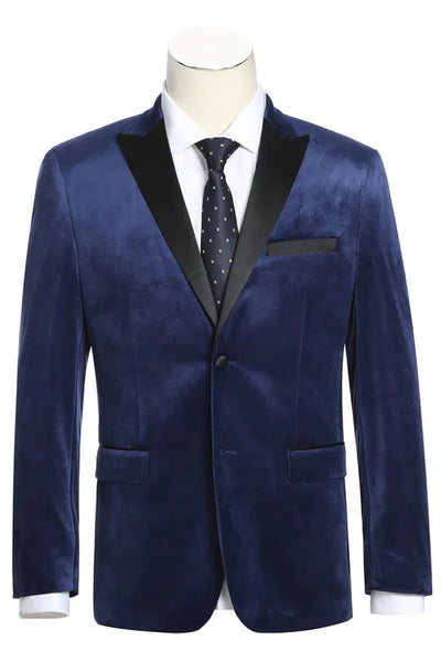 Navy Prom Tuxedo Suit -Navy Wedding Suit - Mens Two Button Peak Lapel Velvet Prom Tuxedo Blazer by PROMTUXEDO