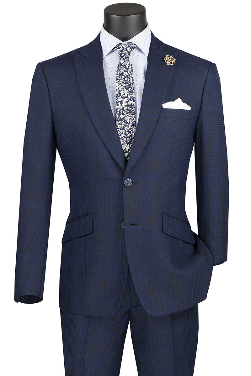 Mens Modern Fit Navy Blue Plaid Suit