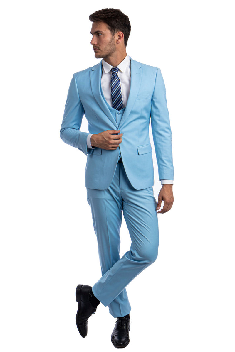 Men's Sky Blue Peak Lapel Suit with Lowcut Vested Look