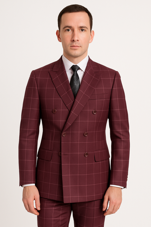 Naples Collection - Blue Modern Fit Double Breasted Windowpane Peak Lapel 2 Piece Suit by Vinci
