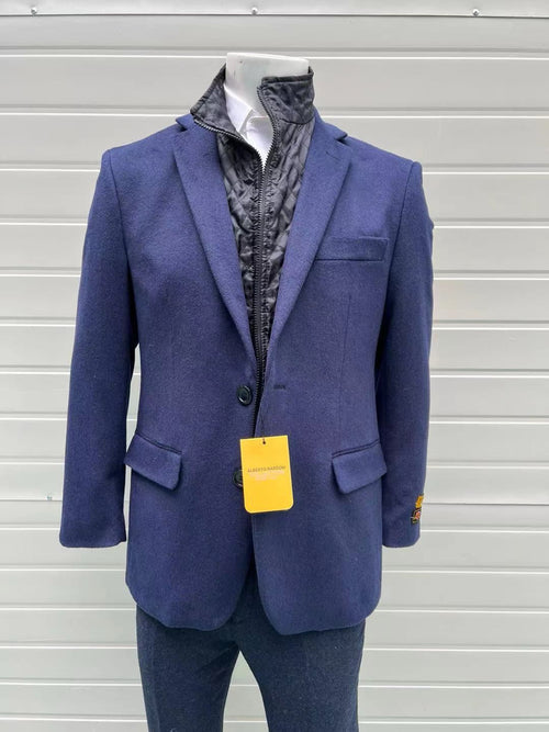 Mens Navy Cashmere and Wool Blazer with Quilted Zip-Up Inner Layer - Two Button Style Notch Lapel by USA Men's Outlet