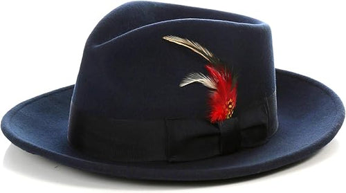 Gangster 100% Australian Wool Crushable Mens Fedora Hat - Removable Feather Gangster Navy Blue Mens Fedora Hat