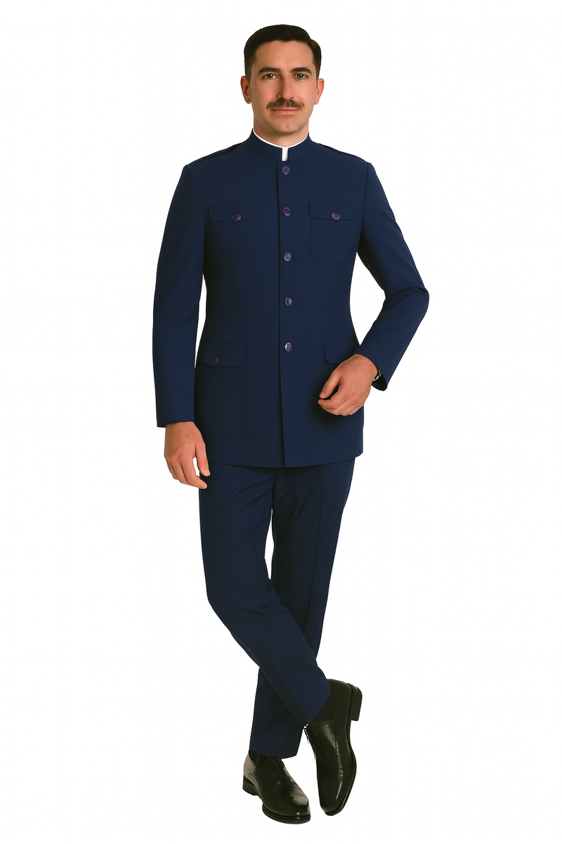 "Exquisite Prom and Wedding Attire: Apollo King Navy Safari Banded Suit for Unforgettable Occasions"