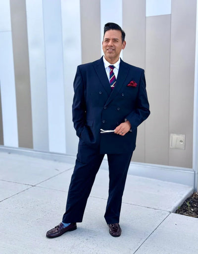 Pleated Suit - Mens Suits With Pleated Pant - Regular Fit Suit - Navy Blue Poplin Suit - Men's Tuxedo USA