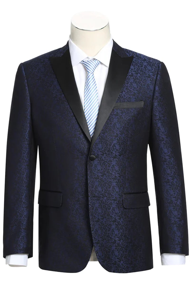 Mens 80s Prom Suit Perfect Outfit - Mens Two Button Peak Lapel Paisley Prom Navy Blue Tuxedo – SuitUSA