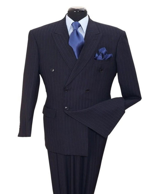 Pleated Dress Men Suits - Mens Classic Double Breasted Smooth Pinstripe Navy Suit by Men's Tuxedo USA