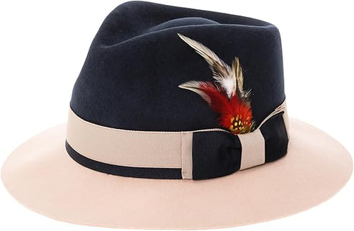 Gangster 100% Australian Wool Crushable Mens Fedora Hat - Removable Feather Gangster Navy and White Mens Fedora Hat