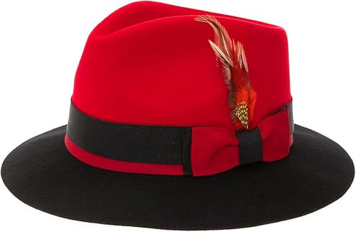 Gangster 100% Austrailian Wool Crushable Mens Fedora Hat - Removable Feather Gangster Red and Black Mens Fedora Hat USA Men's Outlet