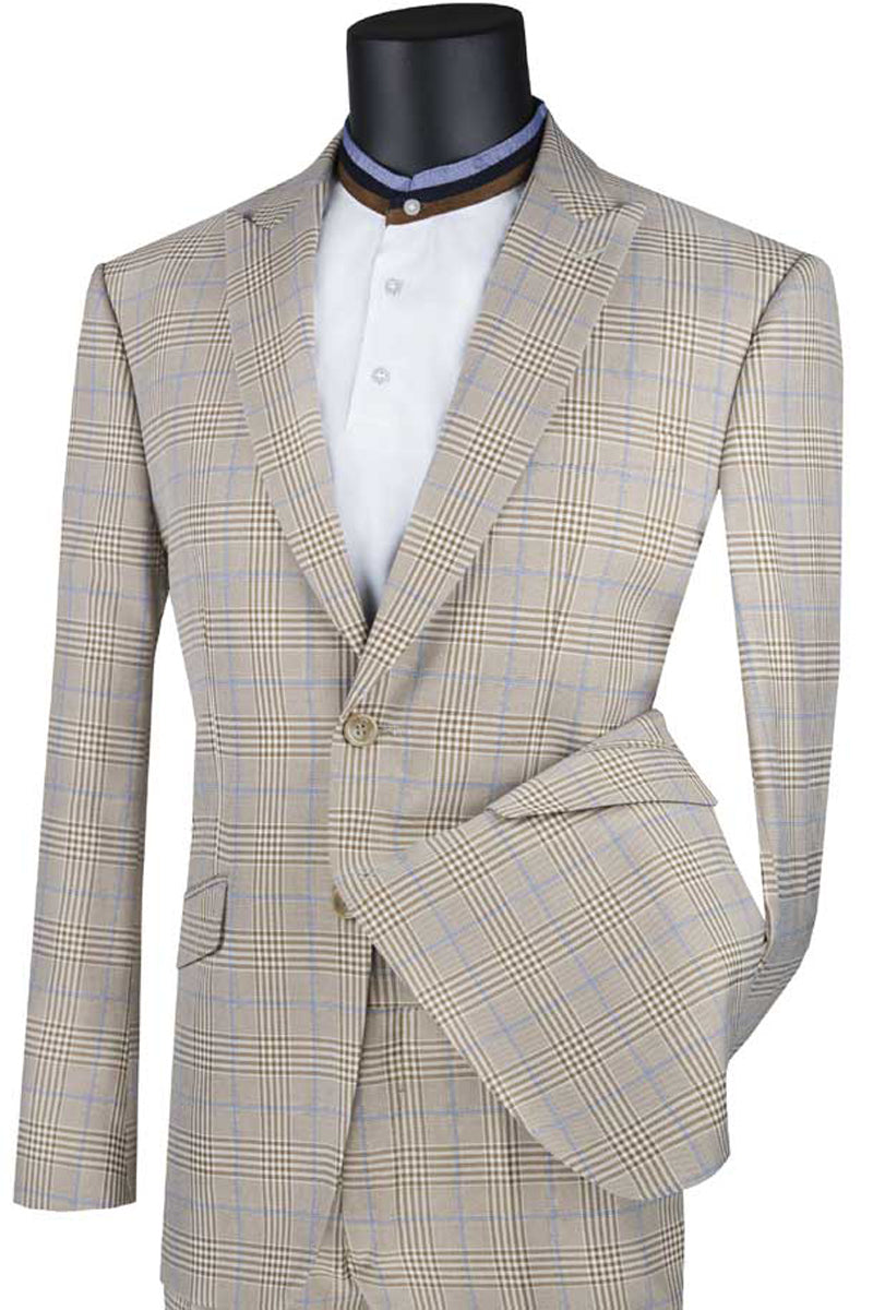 Mens Modern Fit Tan Plaid Suit by Vinci Suits