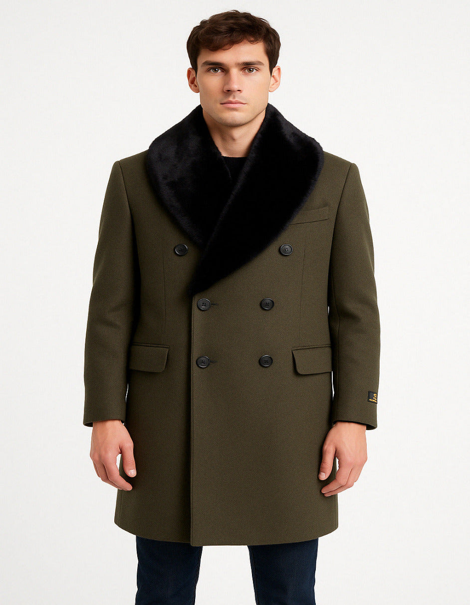 Mens Olive Green Wool Overcoat with Black Faux Fur Shawl Collar – Double Breasted Winter Coat – SuitUSA