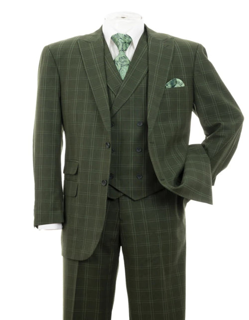 Mens 2 Button Double Breasted Olive Windowpane Plaid Suit