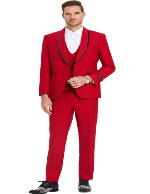 Mens One Button Vested Shawl Tuxedo in Red with Black Satin Trim by Men's Tuxedo USA