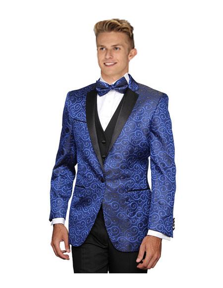 Men's 1 Button Royal Blue Floral Sateen Unique Paisley Sport Coat Sequin Shiny Flashy Silky Satin Stage Blazer / Sport coat / Dinner Jacket Blazer Looking mensusain