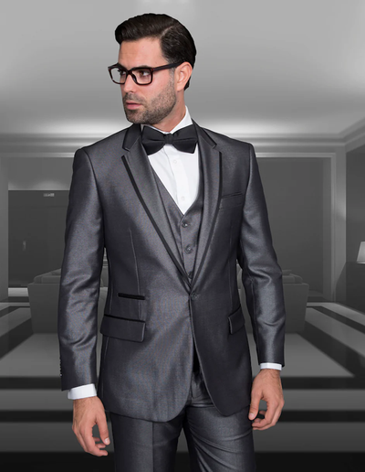 Gray Prom Suit - Mens One Button Satin Trim Notch Prom Tuxedo in Shiny Grey Sharkskin by PROMTUXEDO
