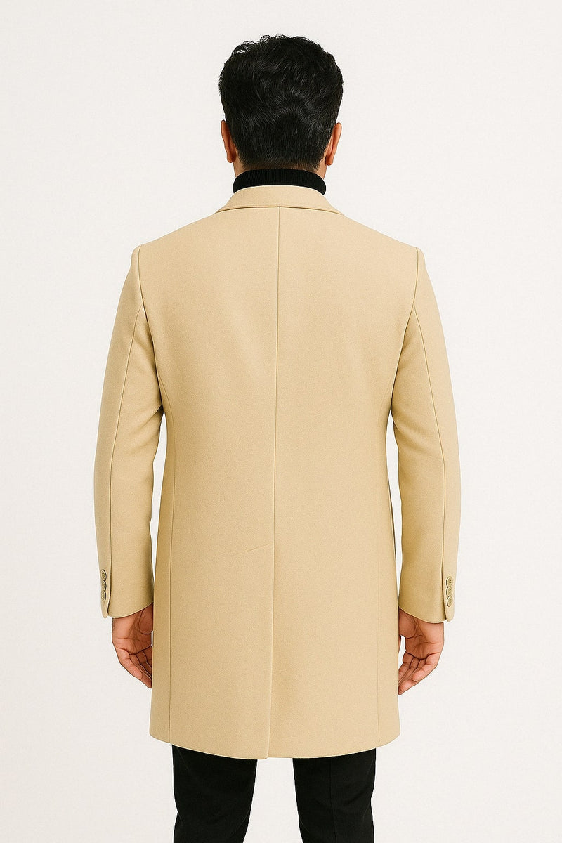 Mens Beige Wool Overcoat with Classic Notch Lapel and Single-Breasted Closure - Light Tan Sand Color
