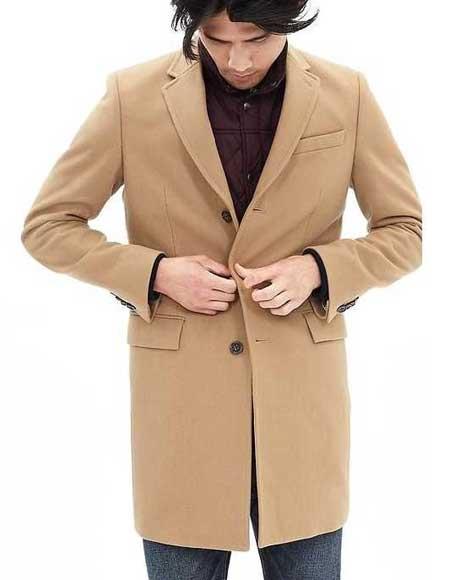 Mens Overcoat Three Quarters Length Men's Long Jacket Dress Coat Camel Wool Blend 3 Button Men's Carcoat ~ Designer Men's Wool Men's Peacoat Sale USA Men's Outlet