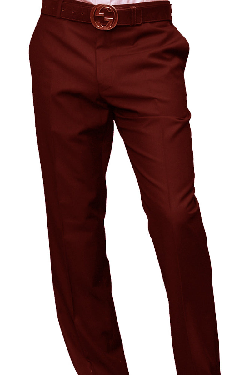 Men's Modern Fit Burgundy Wool Flat Front Pant