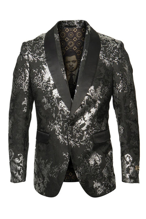 Black/Silver Prom Tuxedo Suit - Black/Silver Wedding Suit - Men's Shawl Collar Wedding Tuxedo Blazer In Black With Silver Foil Paisley