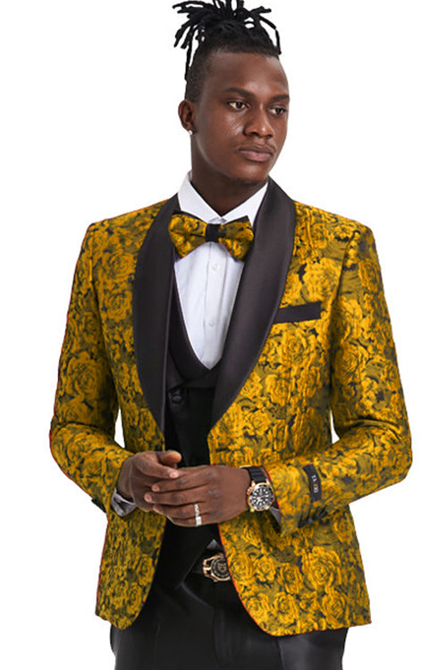 Men's Gold Paisley Slim Fit Tuxedo - Tazio Suits