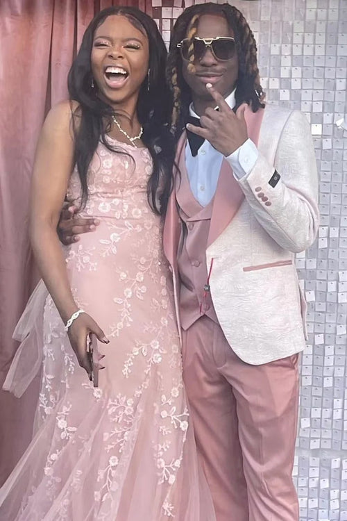 Pink Prom Tuxedo Suit -Pink Wedding Suit - Men's One Button Vested Paisley Prom & Wedding Tuxedo With Satin Vest And Pants