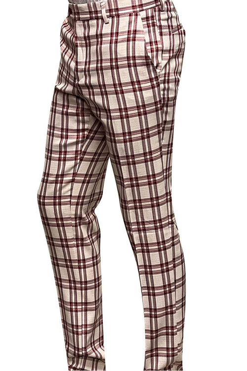 Men's Slim Fit Red Windowpane Plaid Wool Pants