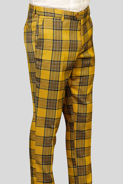 Men's Gold Plaid Wool Dress Pant in Slim Fit