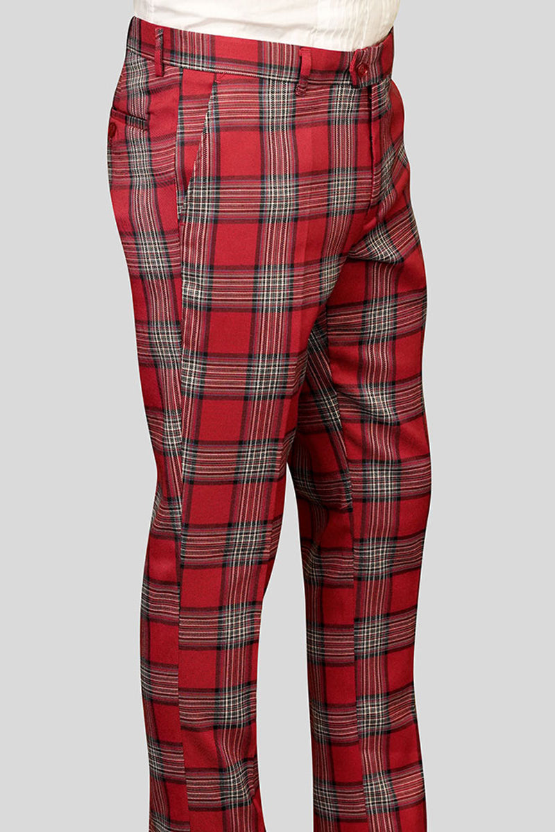 Men's Slim Fit Wool Dress Pant in Red Plaid