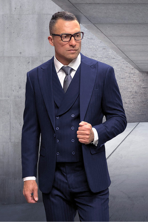 Men's Navy Pinstripe Wool Suit with Peak Lapel