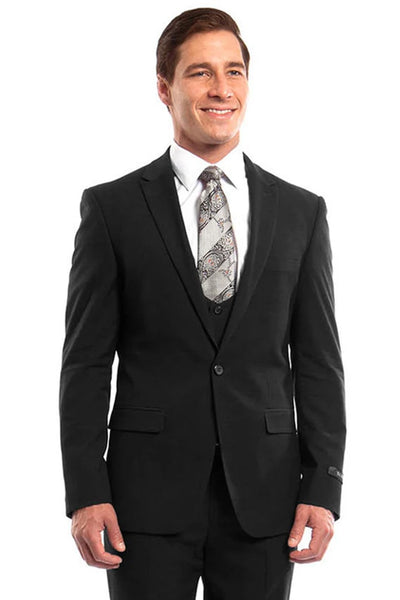 Men's One Button Peak Lapel Skinny Wedding Prom Suit with Lowcut Vest in Black - Men's Tuxedo USA