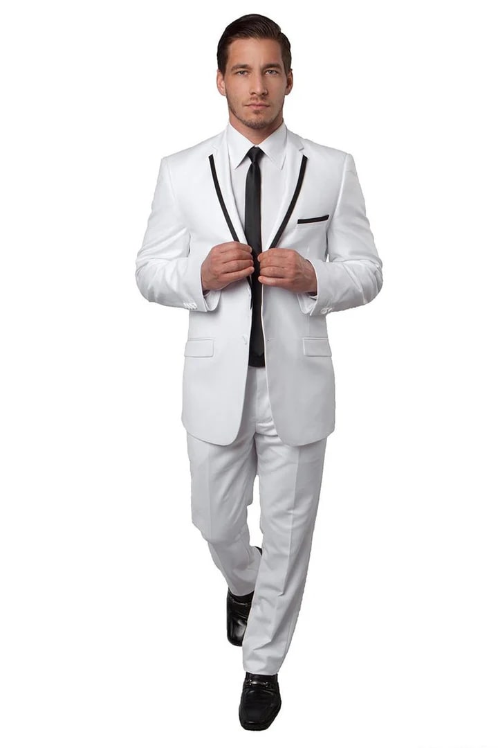 Men's Two Button Slim Fit Wedding Prom Tuxedo Suit in White with Black Piping - Men's Tuxedo USA