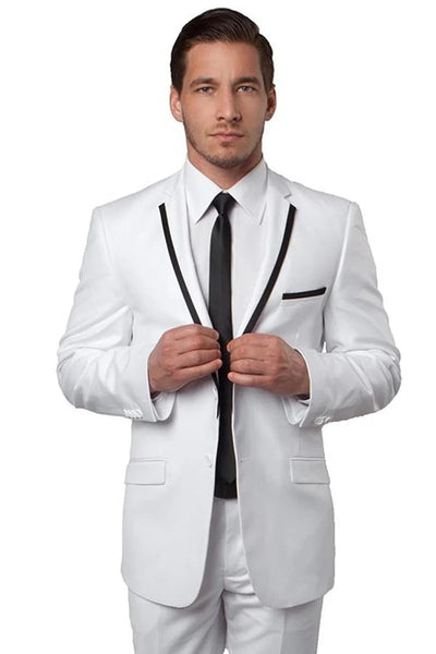 Men's Two Button Slim Fit Wedding Prom Tuxedo Suit in White with Black Piping - Men's Tuxedo USA