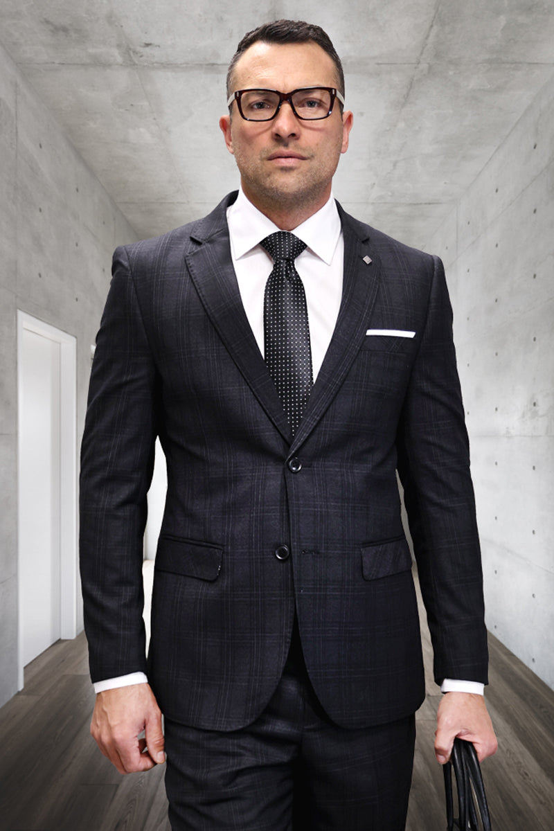 Men's Modern Fit Italian Wool Suit in Black Plaid