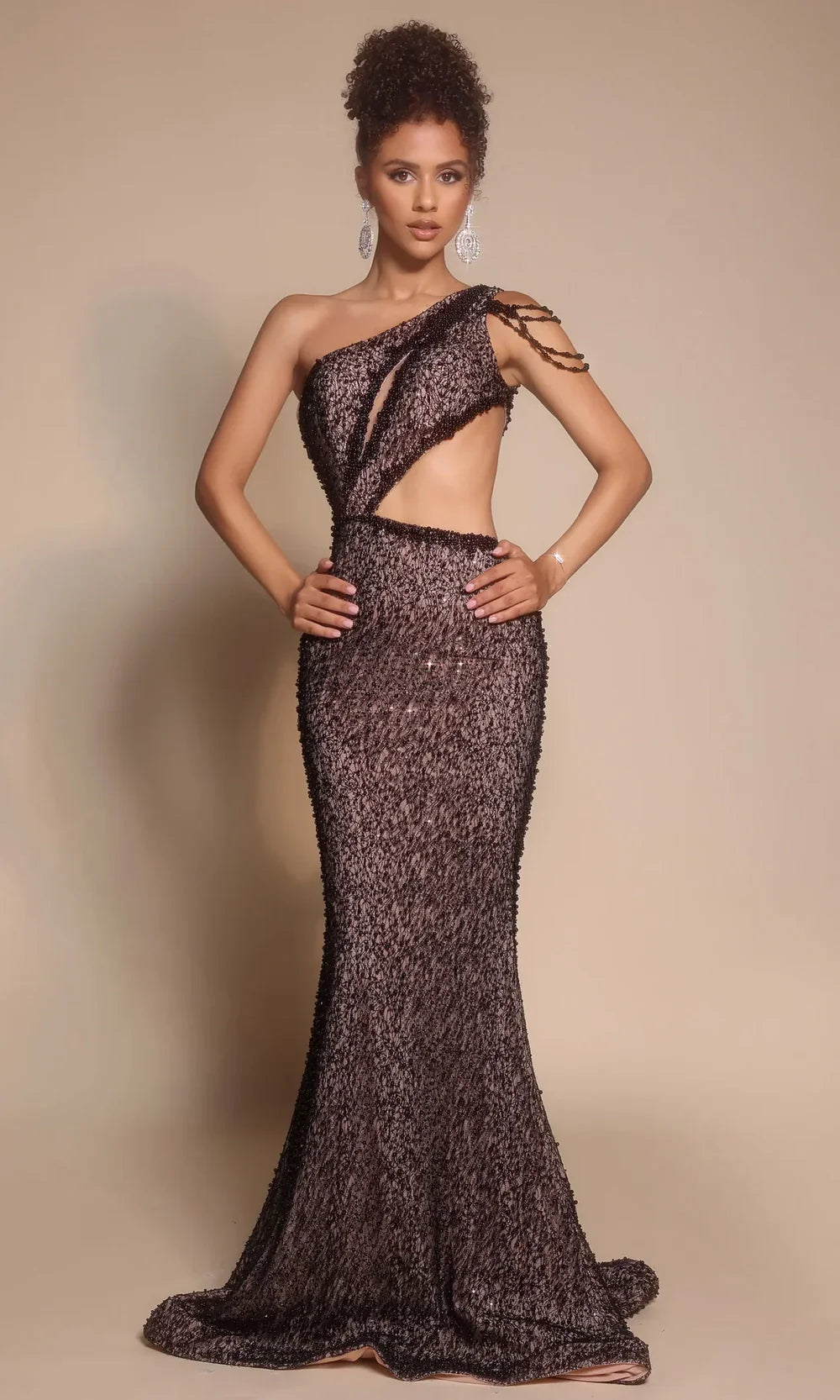 One Shoulder Sequin Cutout Gown Beaded Strap Mermaid Formal Dress by Portia & Scarlett PS26115