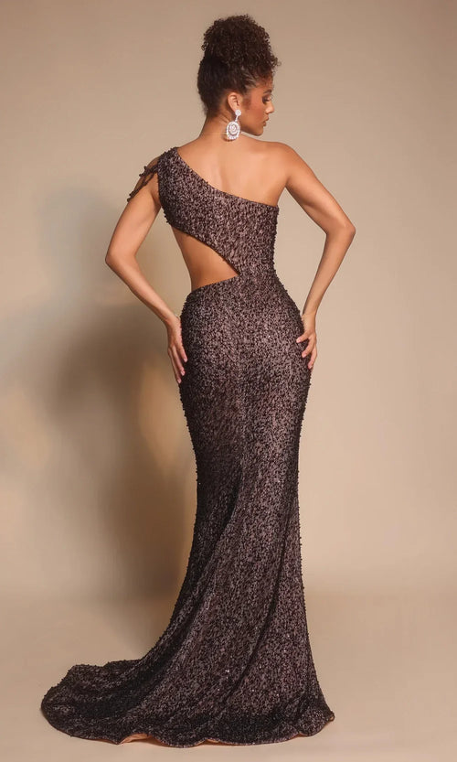 One Shoulder Sequin Cutout Gown Beaded Strap Mermaid Formal Dress by Portia & Scarlett PS26115