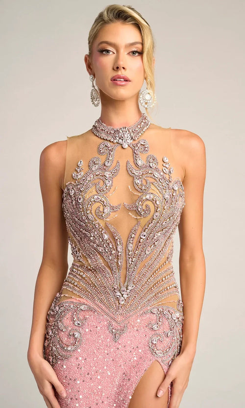 Beaded Strapless Gown with High Slit Luxe Sequin Embellished Dress by Portia & Scarlett PS26436C
