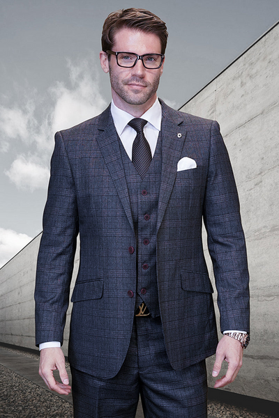 Men's Vested Wool Suit in Charcoal Grey Plaid