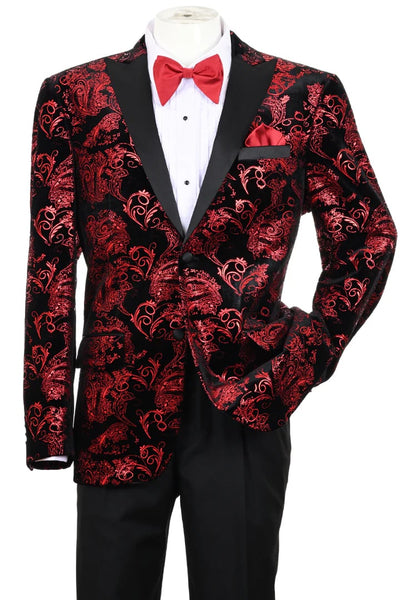Unique Prom Suits - Interesting Fun - Men's Modern Fit Velvet Floral Paisley Foil Red and Black Tuxedo Jacket