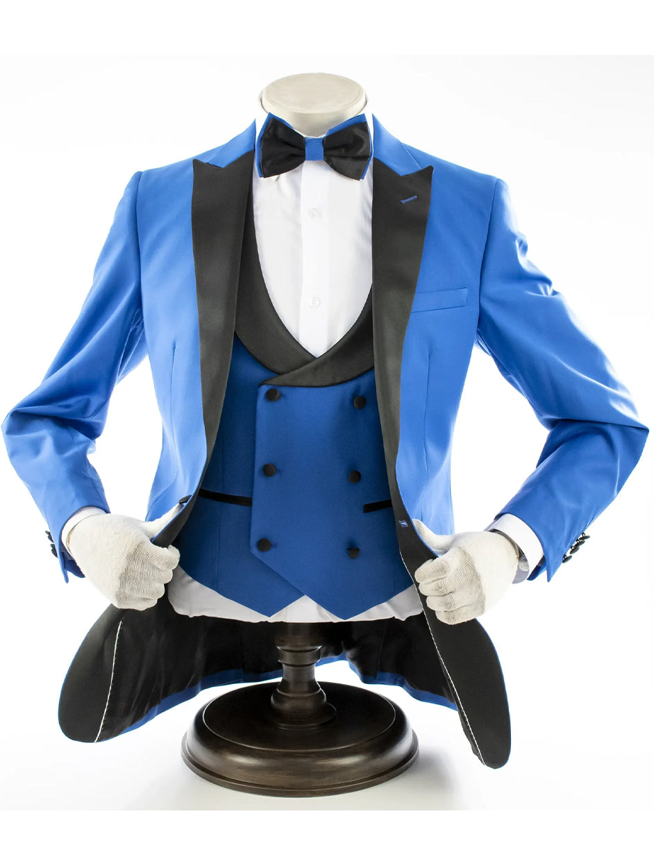 Mens 2 Button Peak Lapel Prom Royal Blue Tuxedo with Double Breasted Vest - Men's Tuxedo USA – SuitUSA