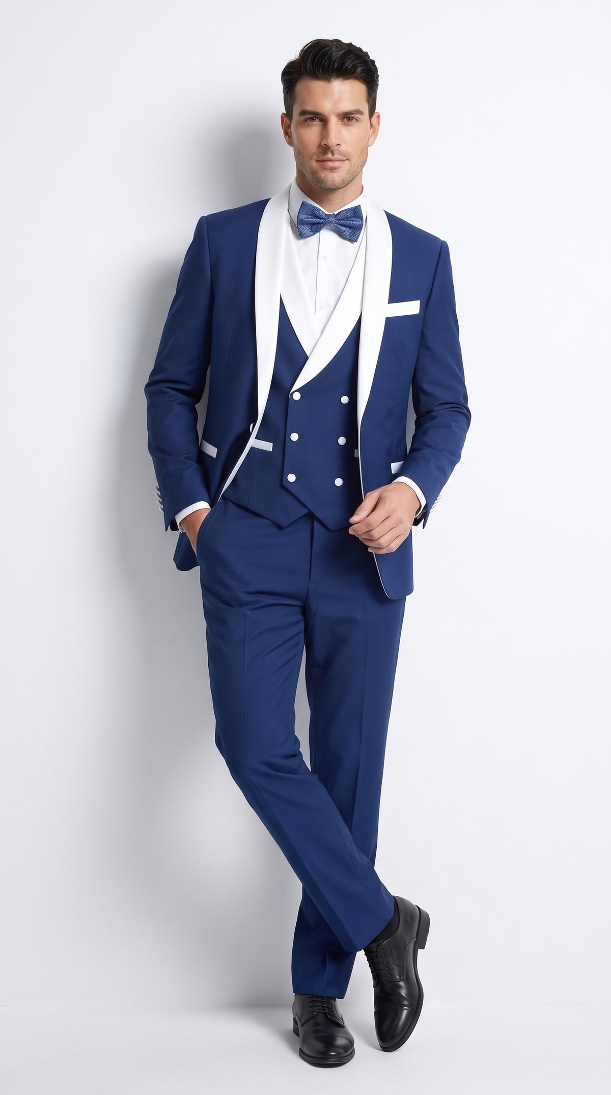 Men’s Royal Blue Tuxedo 3 Piece Suit with White Shawl Lapel – Double Breasted Vest Wedding & Prom Suit