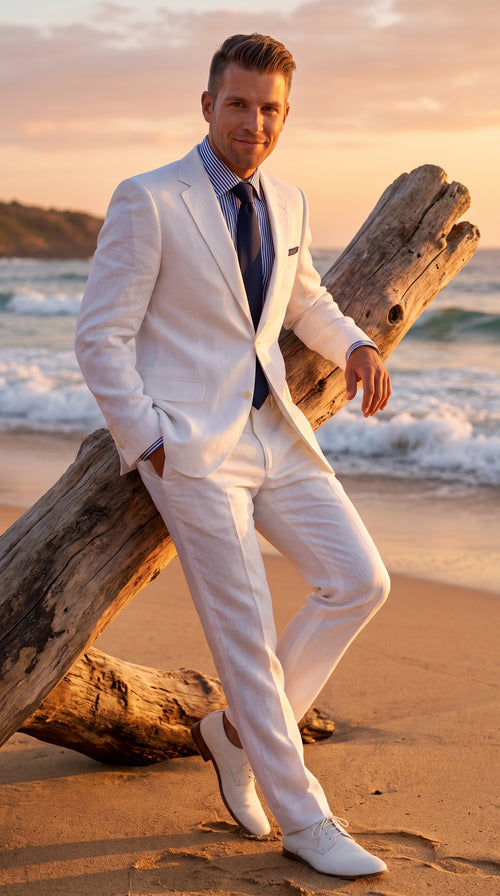 Men’s Big & Tall White Linen Suit – 2 Piece 2-Button Summer Wedding & Beach Suit with Tapered Pants