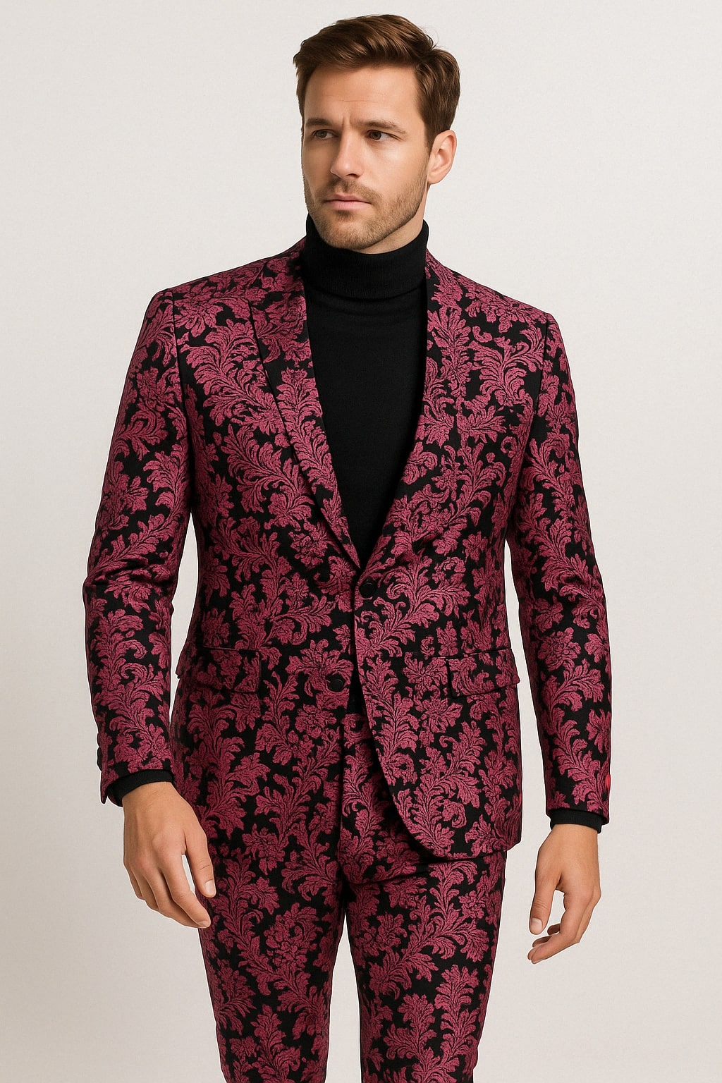 Mens Pink and Black Floral Tuxedo Suit – Slim Fit Two Piece Set – SuitUSA