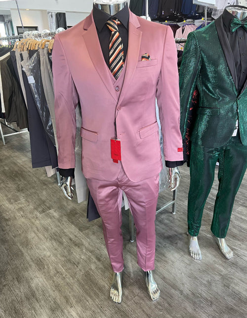 Men’s Pink 3-Piece Slim Fit Suit – Formal Wedding and Prom Outfit with Vest
