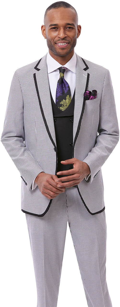 Pinstripe Tuxedo - Blue Pinstirpe Suit - Wedding Groom Suit Trim Collar Two Toned (Copy)