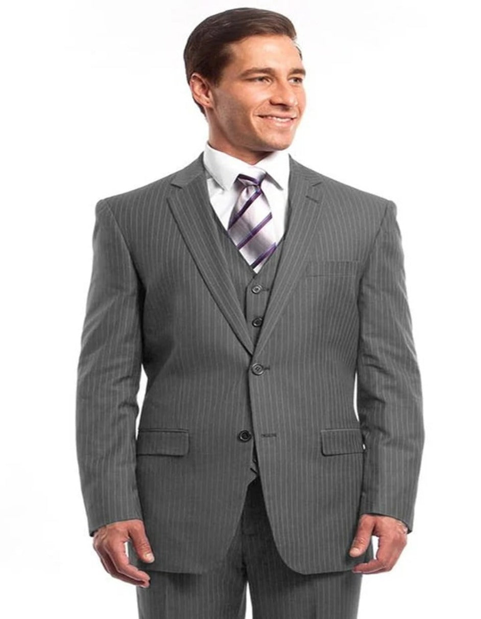 Light Grey Suit - Silver Gray Suit For Wedding - Men's Two Button Vested Business Light Grey Pinstripe Suit - Men's Tuxedo USA – SuitUSA
