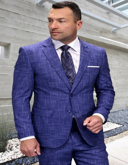 Mens 3 Piece 100 Percent Wool Suit - Affordable Italian Super 150's Fabric in Plaid Texture Fabric in Color Sapphire - Online Special USA Men's Outlet