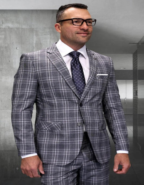 Mens 3 Piece 100 Percent Wool Suit - Affordable Italian Super 150's Fabric in Plaid Texture Fabric in Color Taupe - Online Special by USA Men's Outlet