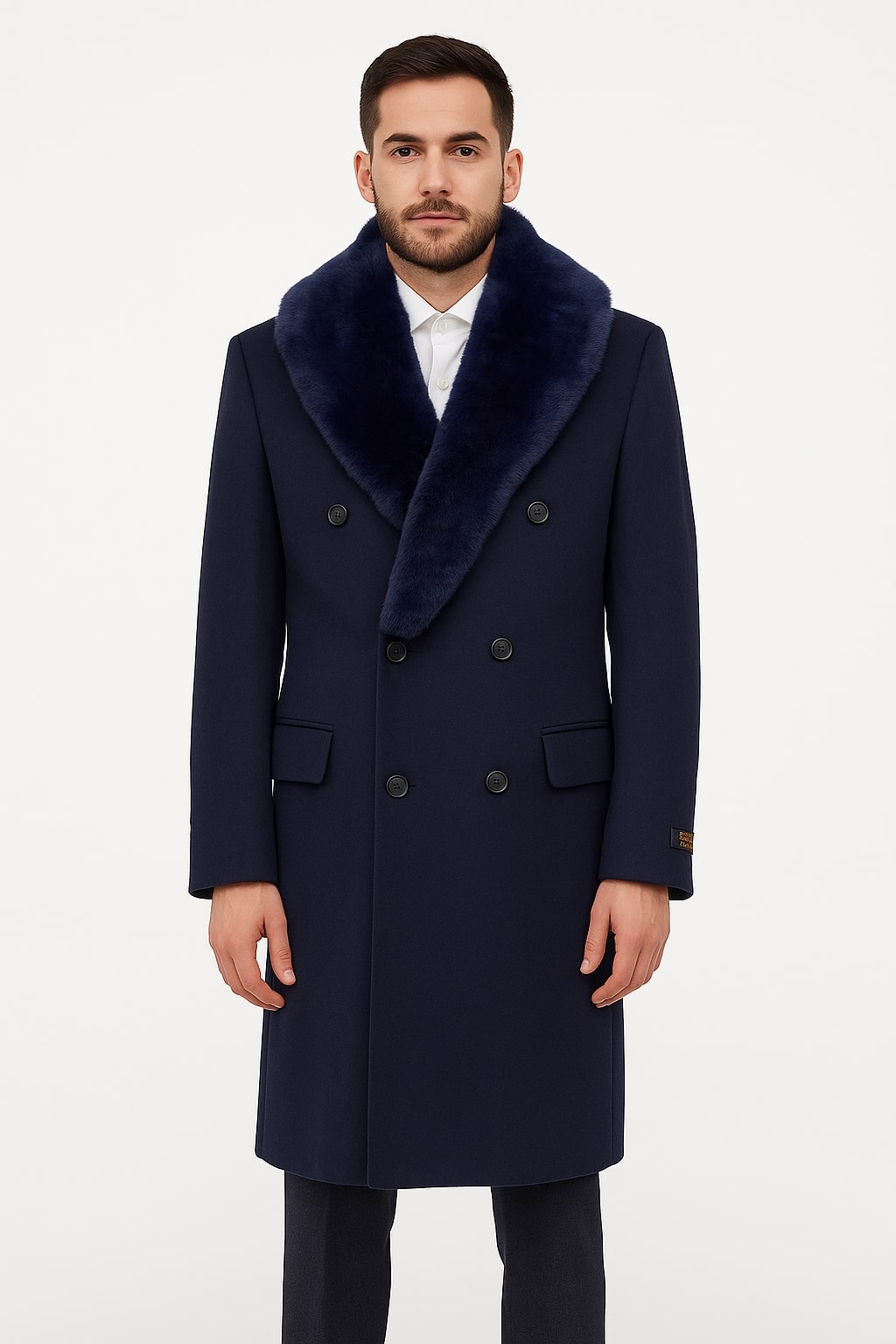 Mens Double-Breasted Navy Overcoat with Plush Blue Faux Fur Collar – Alberto Nardoni Winter Coat