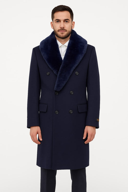 Mens Double-Breasted Navy Overcoat with Plush Blue Faux Fur Collar - Alberto Nardoni Winter Coat USA Men's Outlet