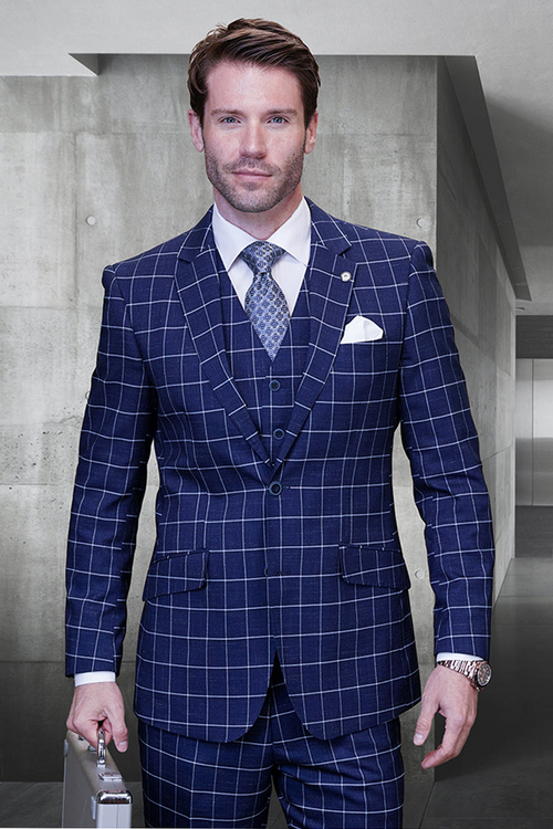 Men's Sapphire Blue Windowpane Wool Suit with Vest